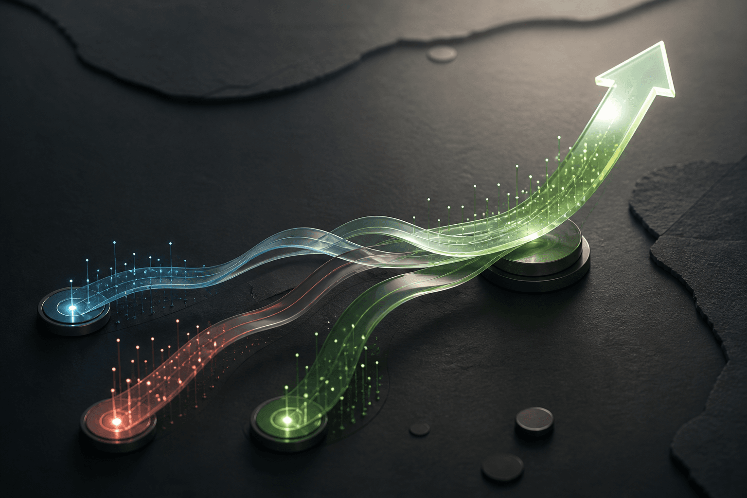 Three streams of social data converging into an upward growth signal